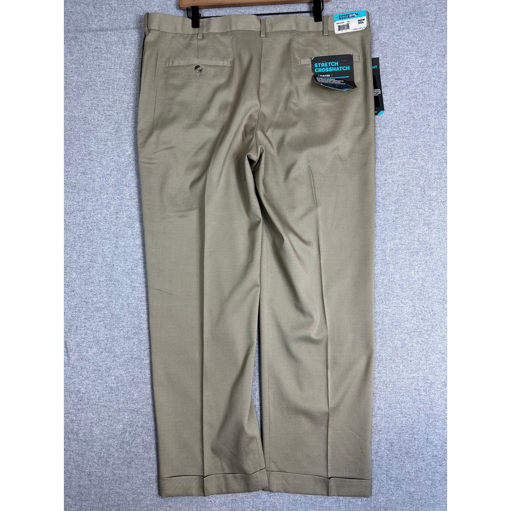 NWT Savane Dress Pants 40x30 Khaki Pleated Stretch Crosshatch Straight Fit